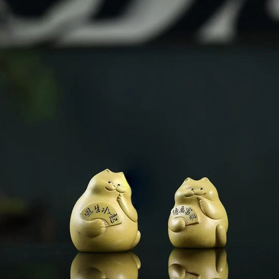 宜兴紫砂茶宠猫咪佛系猫爱财爱己风生水起功夫茶玩紫砂可养萌宠