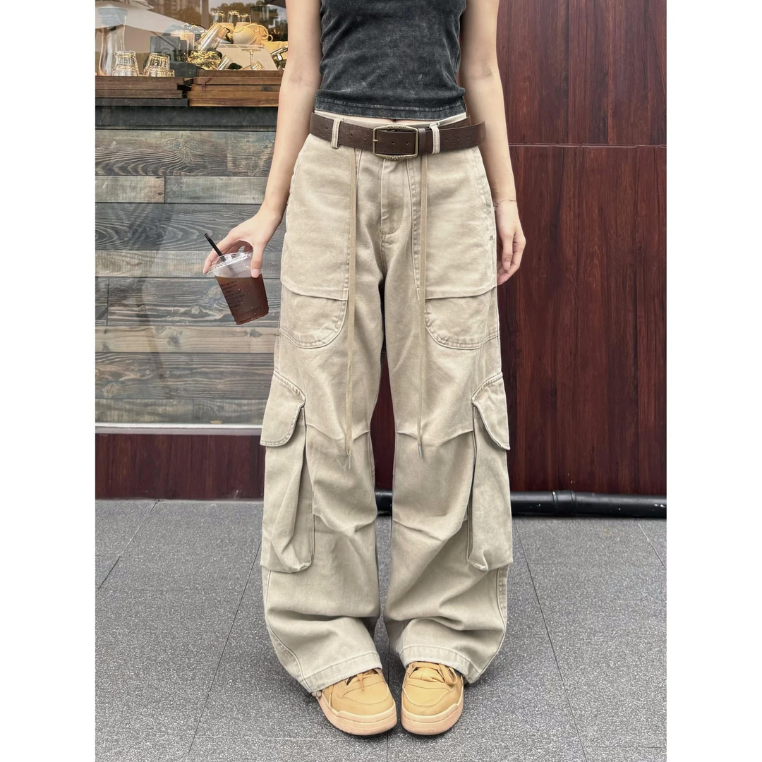 RETEL美式复古多口袋宽松直筒工装裤女酷飒风阔腿抽绳拖地长裤男