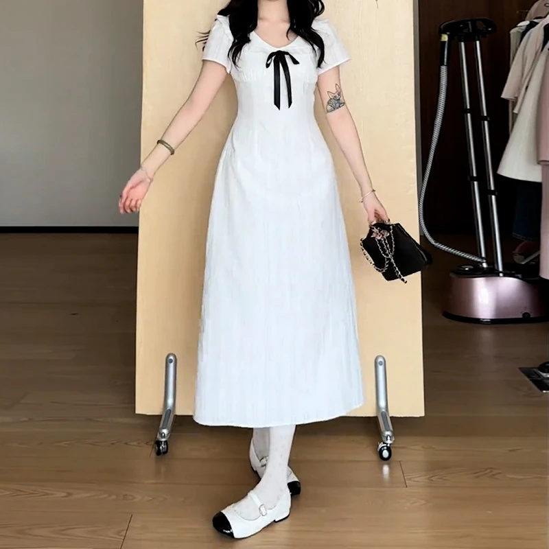 2025新款学院风白色短袖连衣裙女小个子夏季漂亮独特掐腰长裙2847