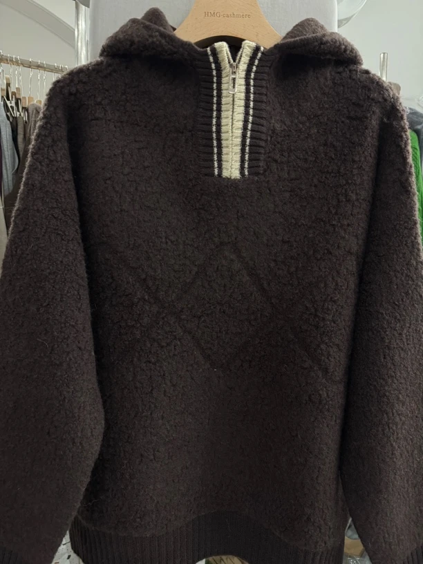 8643简约咖色半拉链连帽针织毛衣新款宽松慵懒风卫衣