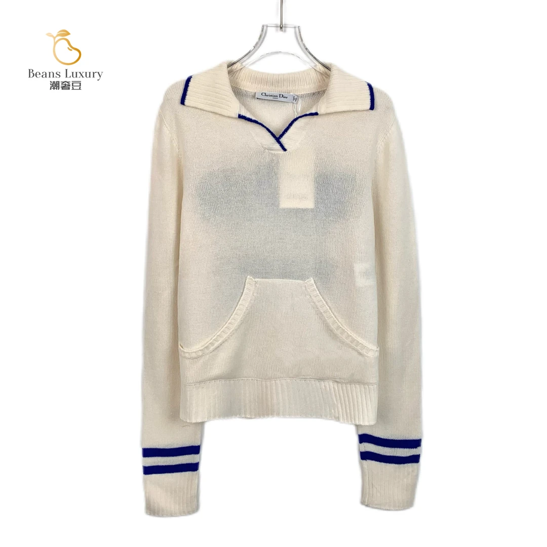 99新 DIOR/迪奥 潮奢豆 严选/米白色logo嵌花翻领针织衫/H12799