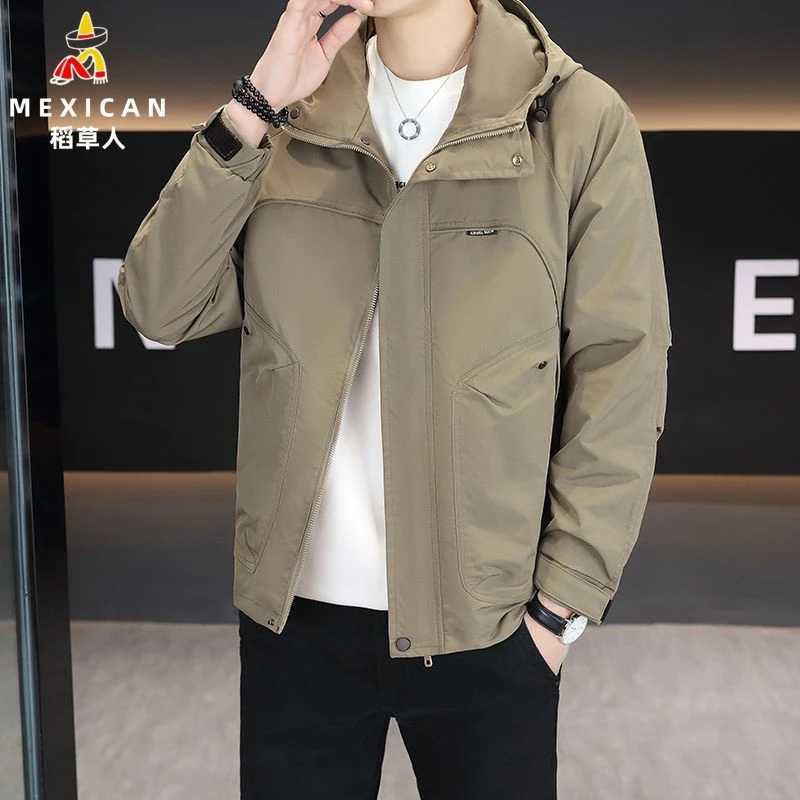 稻草人秋季新款男休闲百搭宽松潮流运动户外冲锋衣连帽款夹克外套