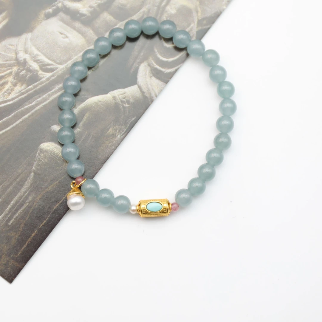 【妙安原创】翡翠配绿松珍珠银镀金配饰圆珠手串5-6mm