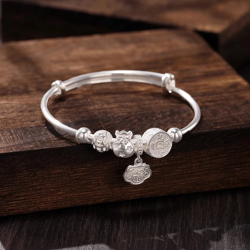 足银手镯 足银9999乾坤通宝福袋手镯女新中式古法平安锁纯银镯子