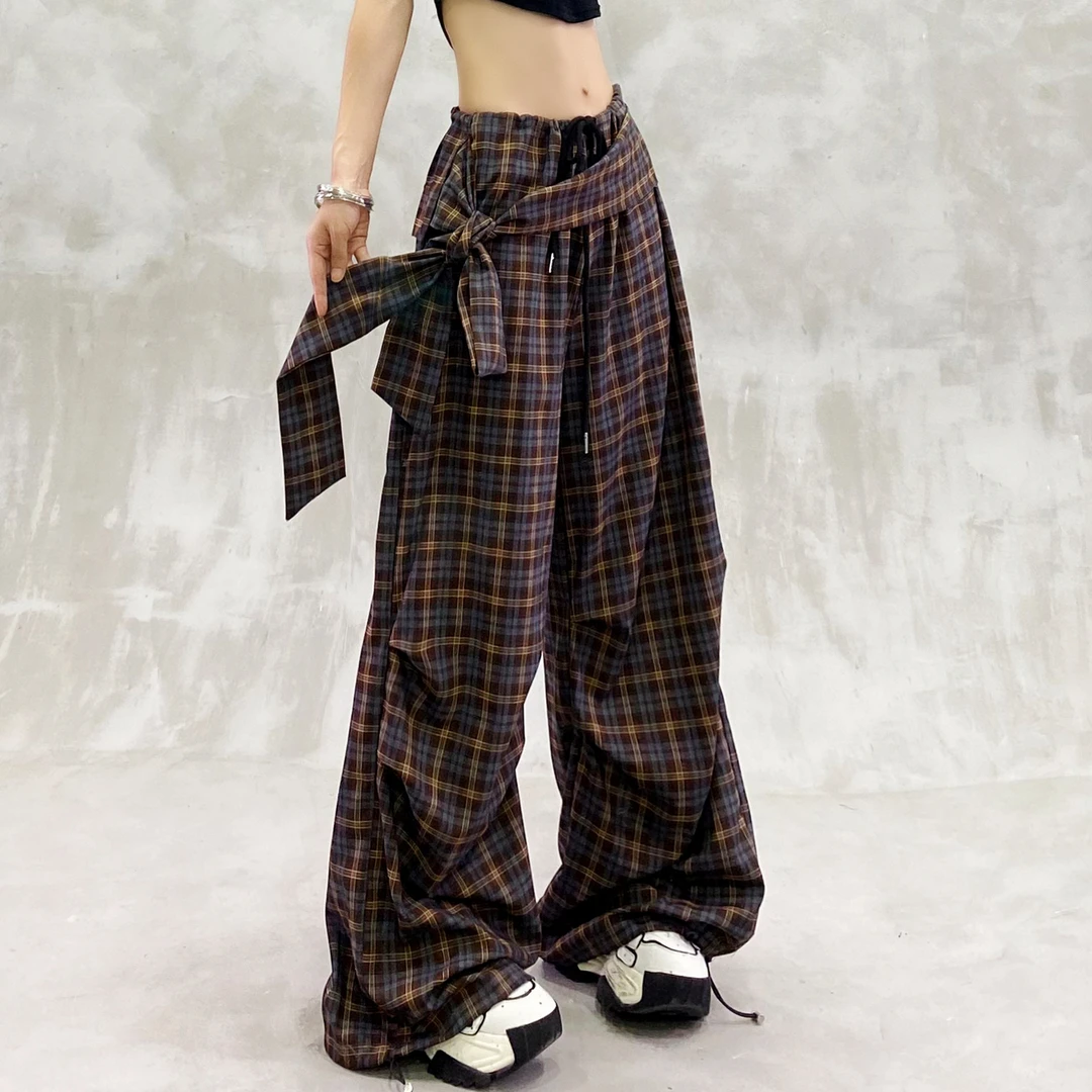 蝴蝶结腰带褶纹设计休闲裤女夏新款高腰宽松显瘦百搭直筒阔腿裤子