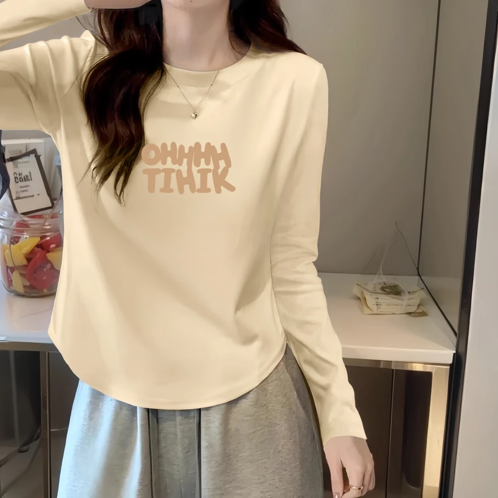 92%棉长袖T恤女春秋季正肩修身显瘦小个子百搭小众圆领打底上衣冬