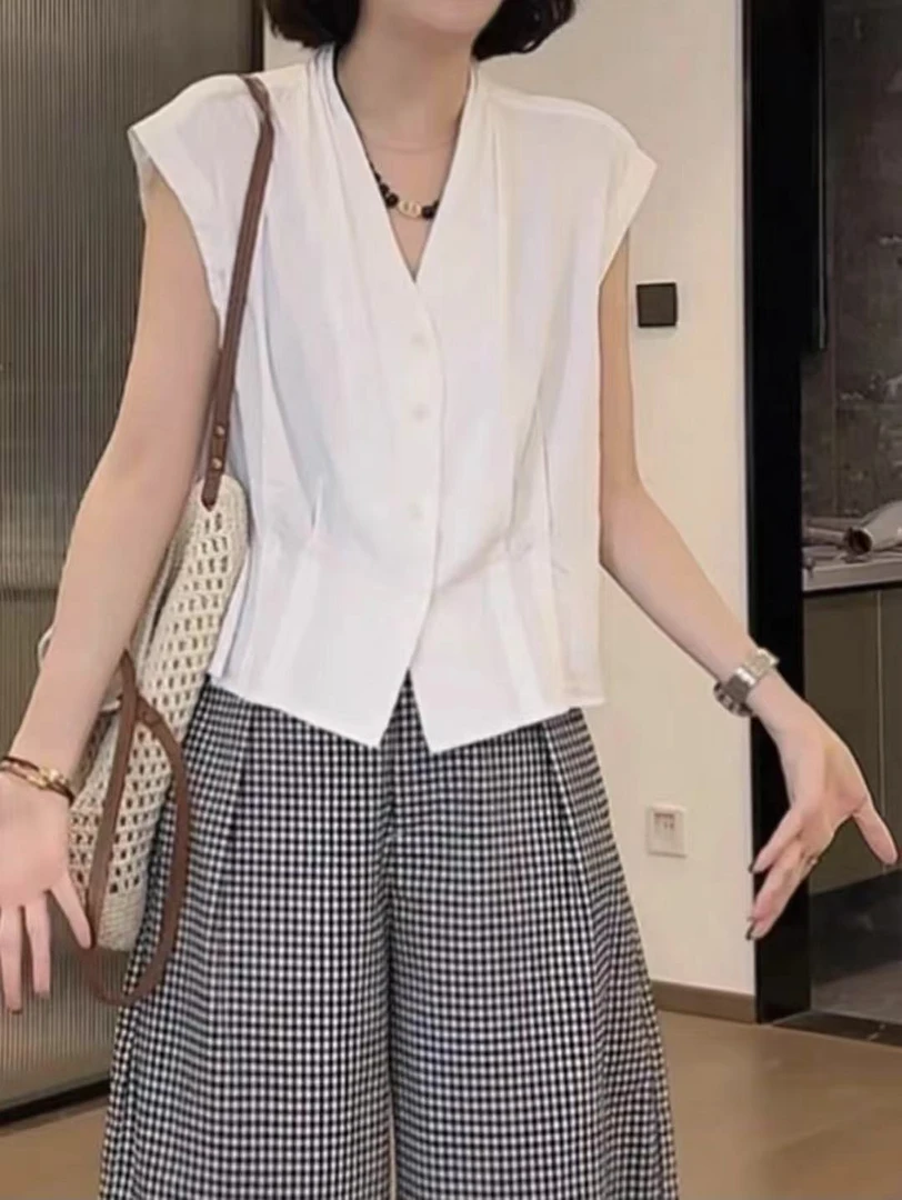 2025新款大码女装欧货韩系净版砍袖马甲上衣+休闲阔腿裤25106