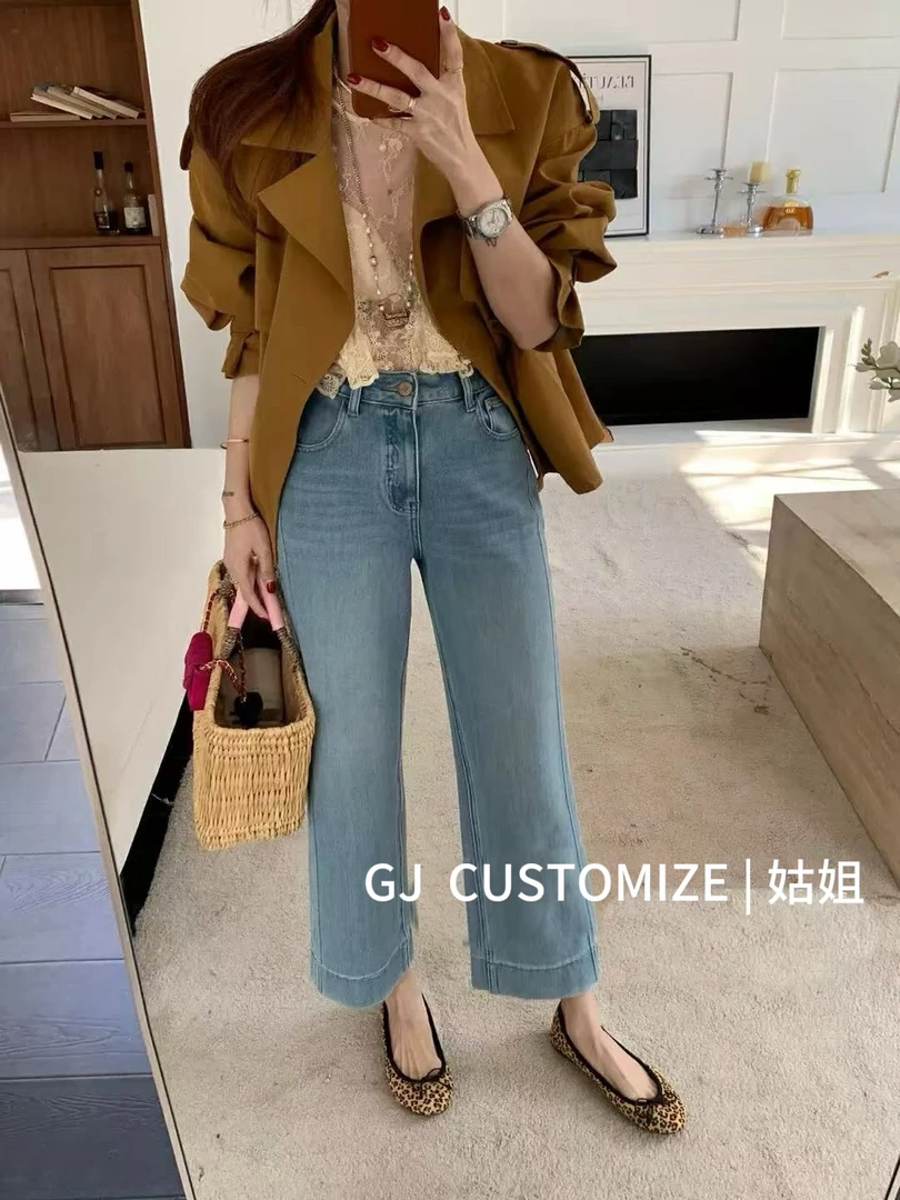 【姑姐严选】2025春季新款窄版直筒阔腿裤弹力九分牛仔裤女