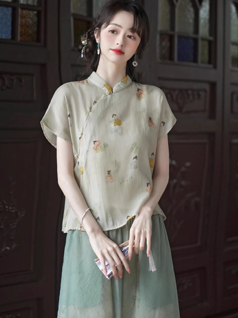 新中式短袖宽松唐装旗袍上衣国风改良汉服女夏季2025新款禅意茶服