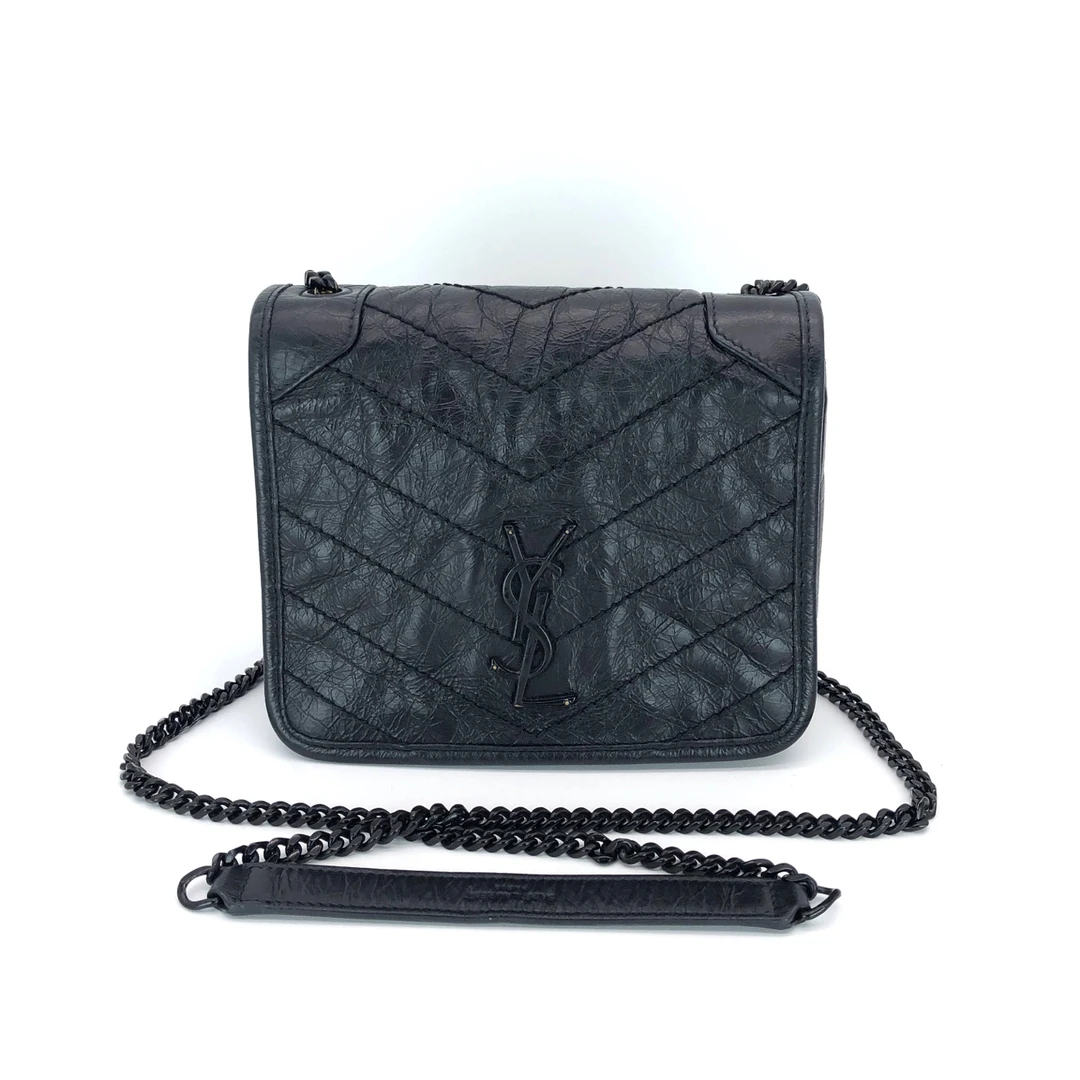 95新 YSL/圣罗兰 圣罗兰 Niki 黑色油蜡皮链条斜挎包