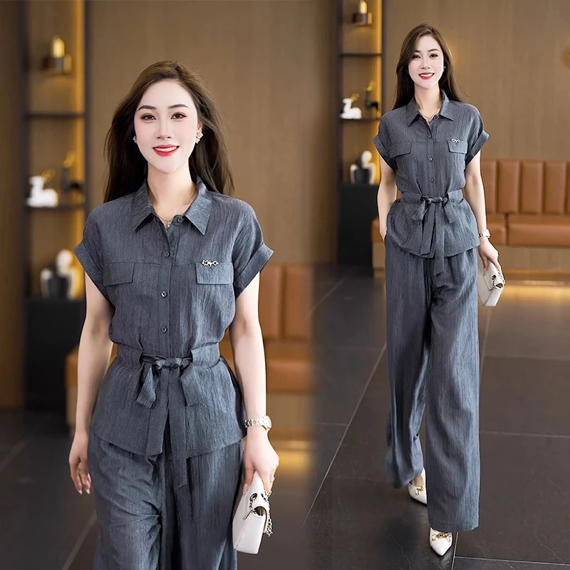 时尚休闲套装女2025夏季新款收腰系带短袖衬衫阔腿裤显瘦两件套潮