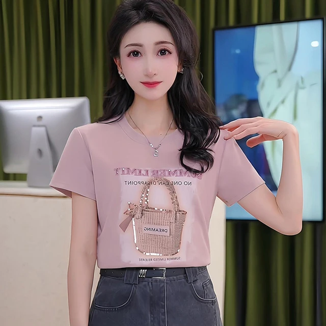 2025夏季新款圆领重工亮片洋气短袖T恤女装气质修身显瘦通勤上衣