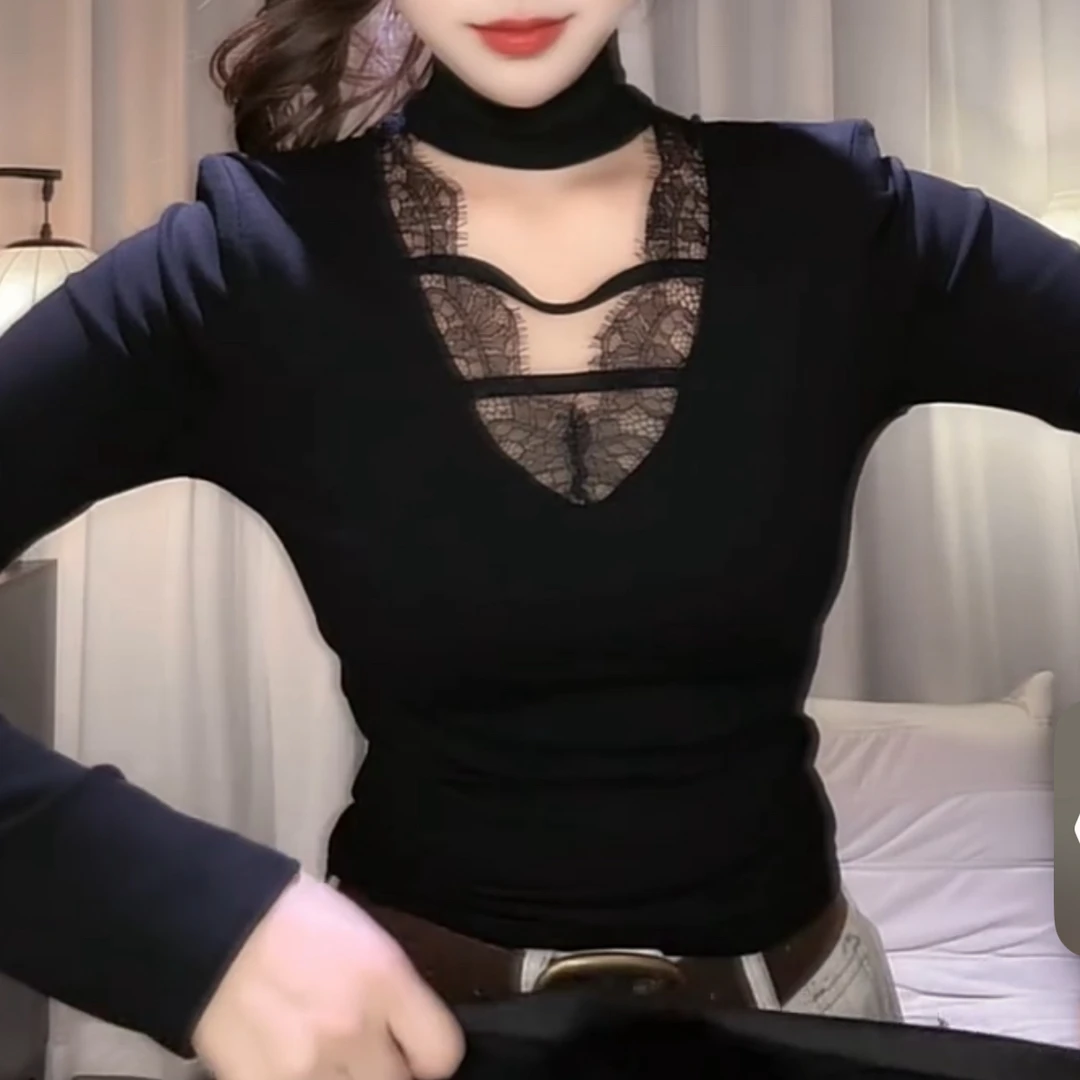 秋冬新款辣妹风V领蕾丝长袖内搭修身短款T恤女