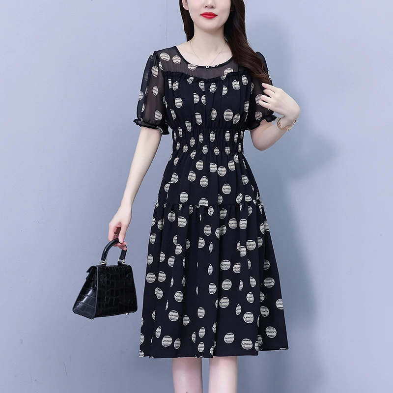 高端时尚名媛气质假两件连衣裙夏季2025新款短袖拼接泡泡袖裙子