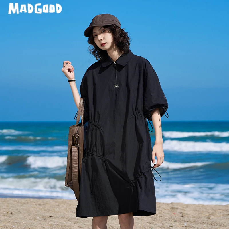 madgood马得工地日系宽松百搭轻薄纱卡户外抽褶连衣裙CQ2402162