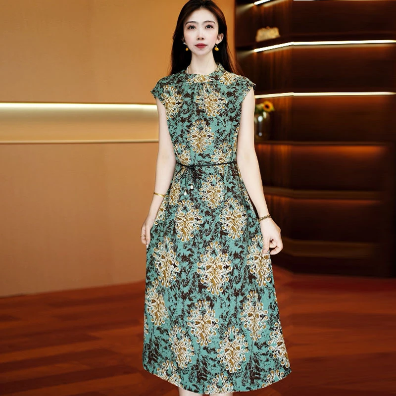 青澜锦花裙 气质中长款时连衣裙百搭遮肉裙子