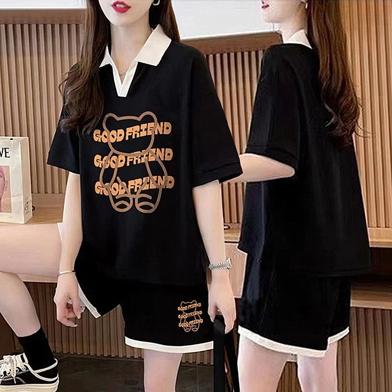胖mm大码纯棉显瘦休闲运动服套装女夏季网红Polo领短袖短裤两件套