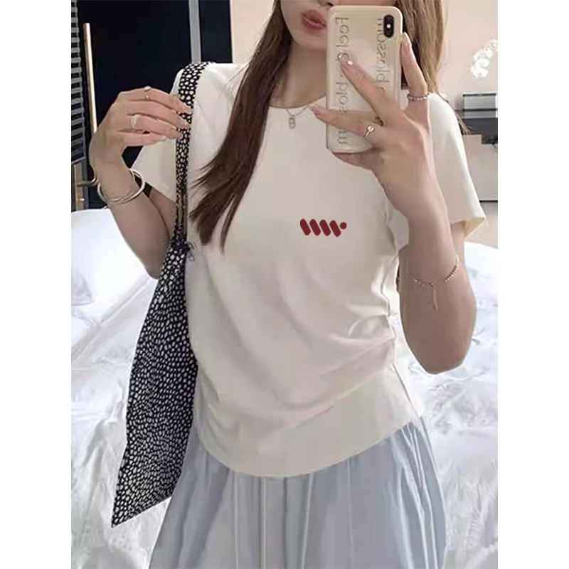 韩版正肩圆领短袖t恤女夏季新款侧边收腰显瘦时尚洋气上衣打底衫