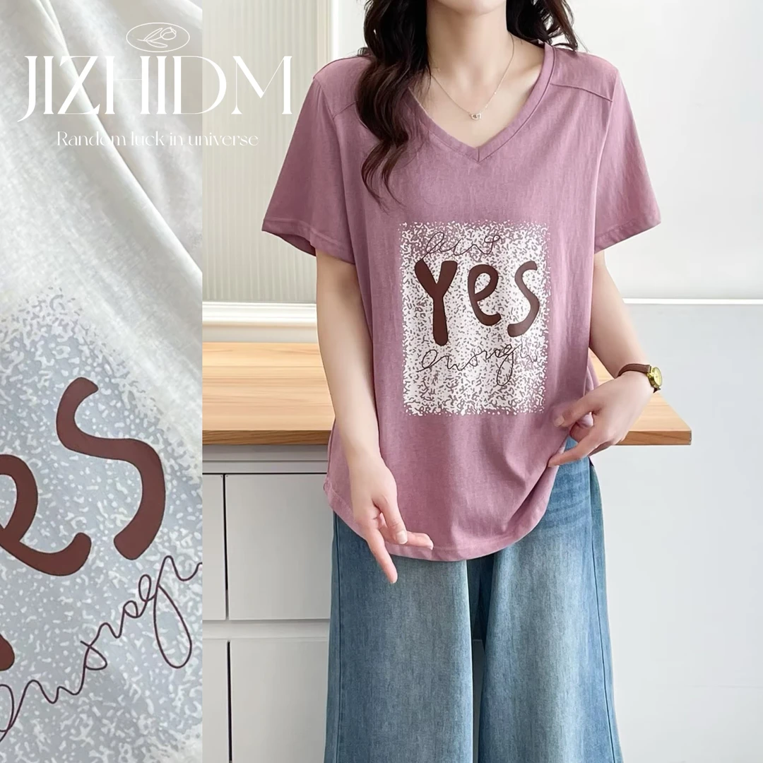 【100-200斤】夏季新款字母印花V领短袖打底衫女宽松显瘦弹力上衣T