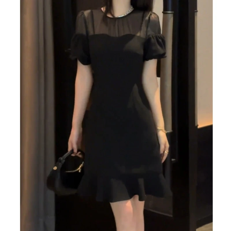 拼接荷叶裙收腰连衣裙复古修身气质法式夏季小个子赫本风名媛