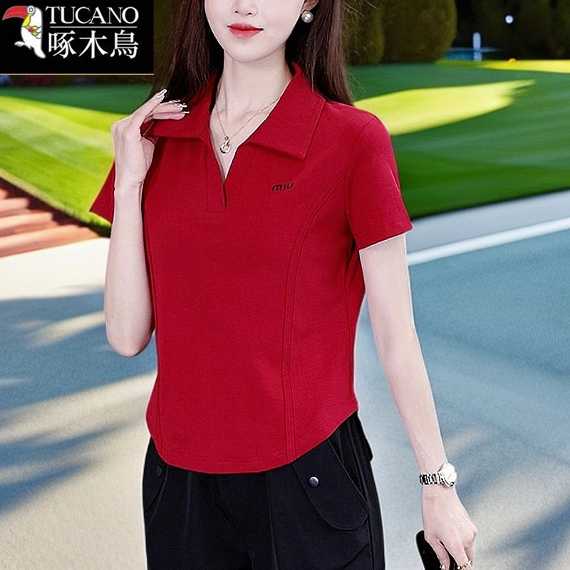 啄木鸟短袖POLO领t恤2025年夏季新款显瘦夏装薄款刺绣运动上衣女