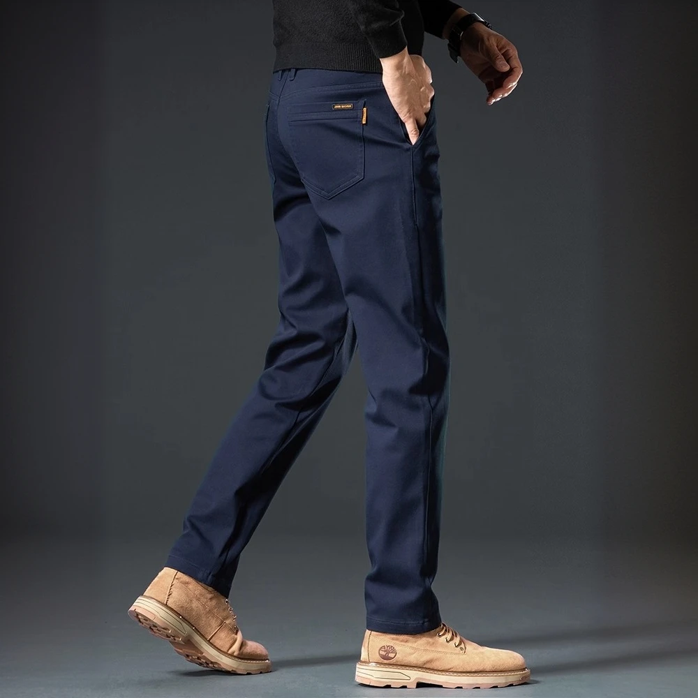 秋季薄款抗皱藏蓝色休闲裤时尚修身直筒商务弹力百搭长裤男士裤子