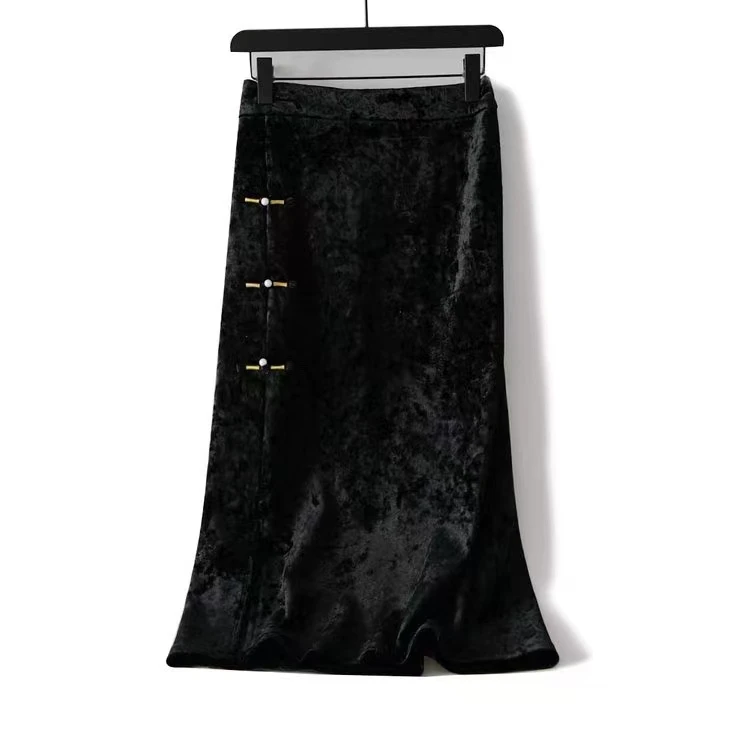 丝绒半身裙内里加绒高腰显瘦新中式秋冬气质时尚百搭包臀裙