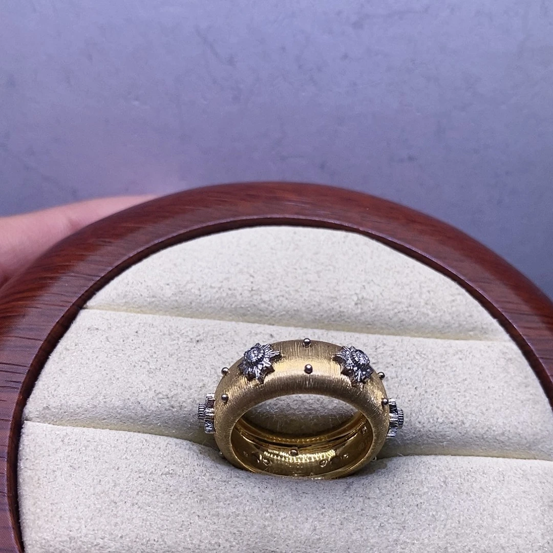 钻石戒指/指环18K金镶嵌雪花拉丝戒指k黄16