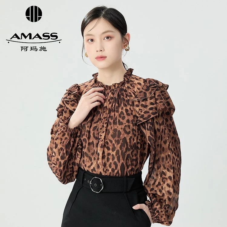 AMASS/阿玛施早秋新款薄款复古豹纹印花长袖衬衫衬衣上衣5300912