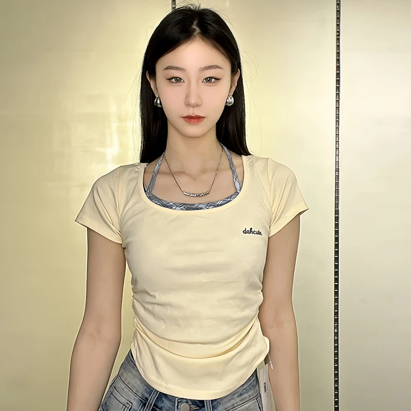 女士夏季短袖显瘦短款气质时尚收腰修身褶皱设计感纯色T恤短袖