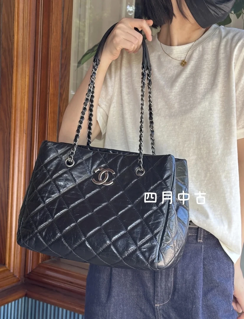 95新 Chanel/香奈儿 黑银油蜡皮托特包 有标无卡