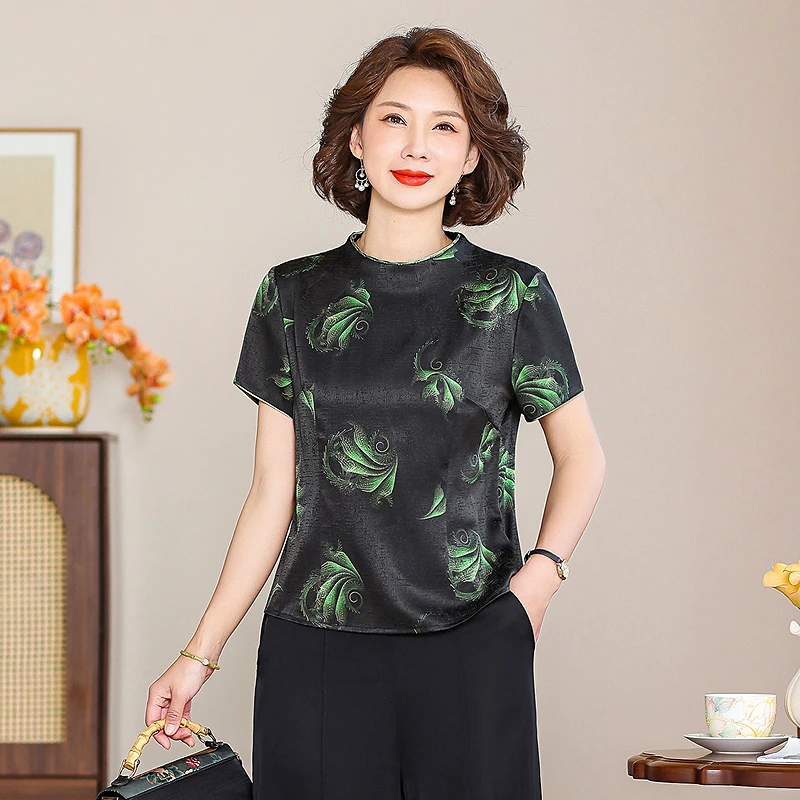 齐黛【玄墨翠影】真丝上衣女2025百搭圆领妈妈桑蚕丝衬衫