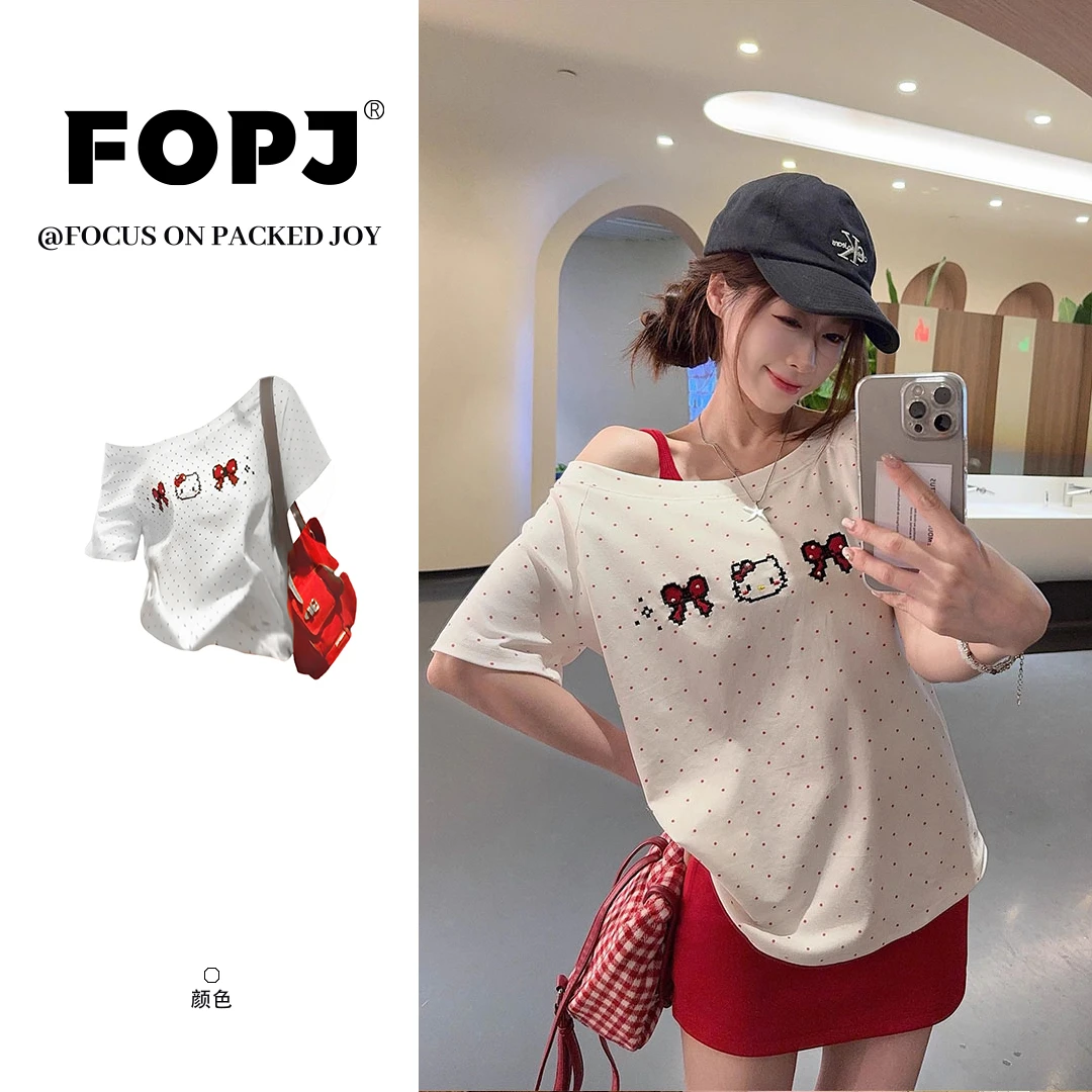 FOPJ刺绣款一字领波点短袖T恤女夏季新款日系kitty纯欲风甜美上衣