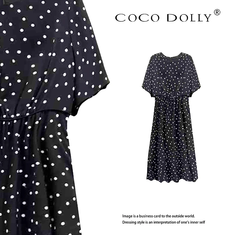 COCO DOLLY法式波点显瘦气质收腰圆领设计感高级感连衣裙23105