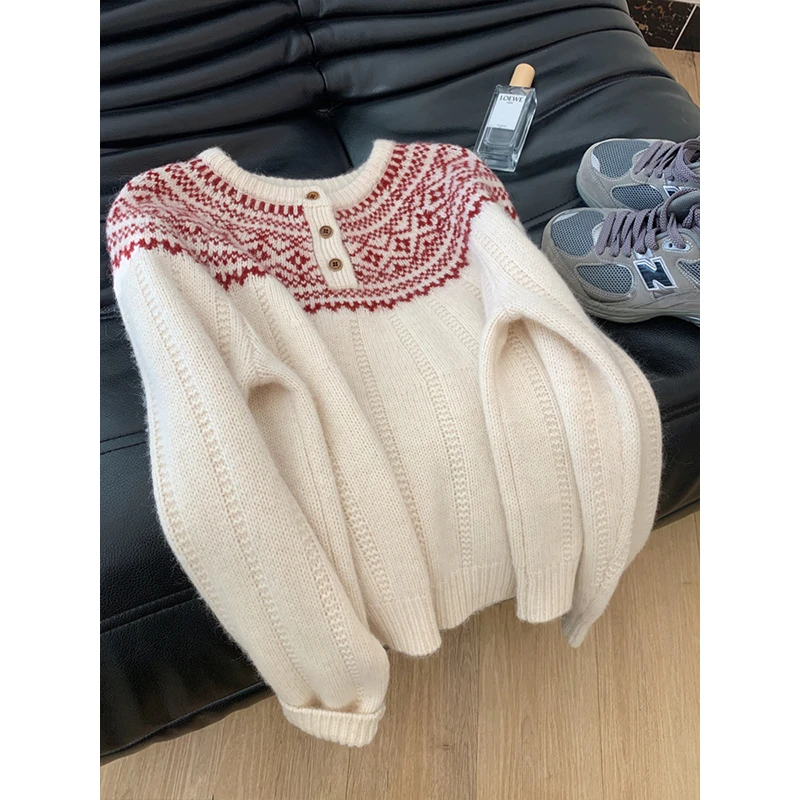 费尔岛圆领宽松套头毛衣女加厚可外穿秋冬内搭打底上衣慵懒高级感