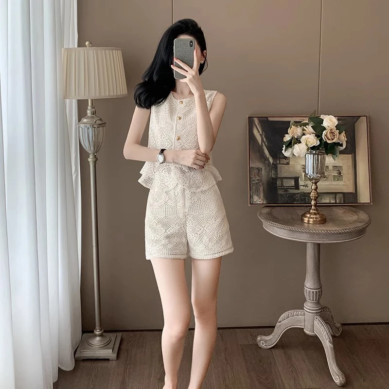 【两件套】【有里布】夏装名媛蕾丝小香风短裤套装女轻熟两件套D2463