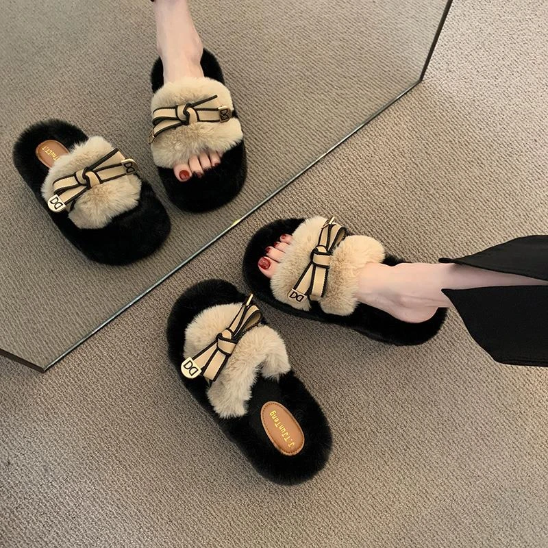 增高4cm小个子棉女2025秋冬新款毛毛拖鞋女外穿高级感