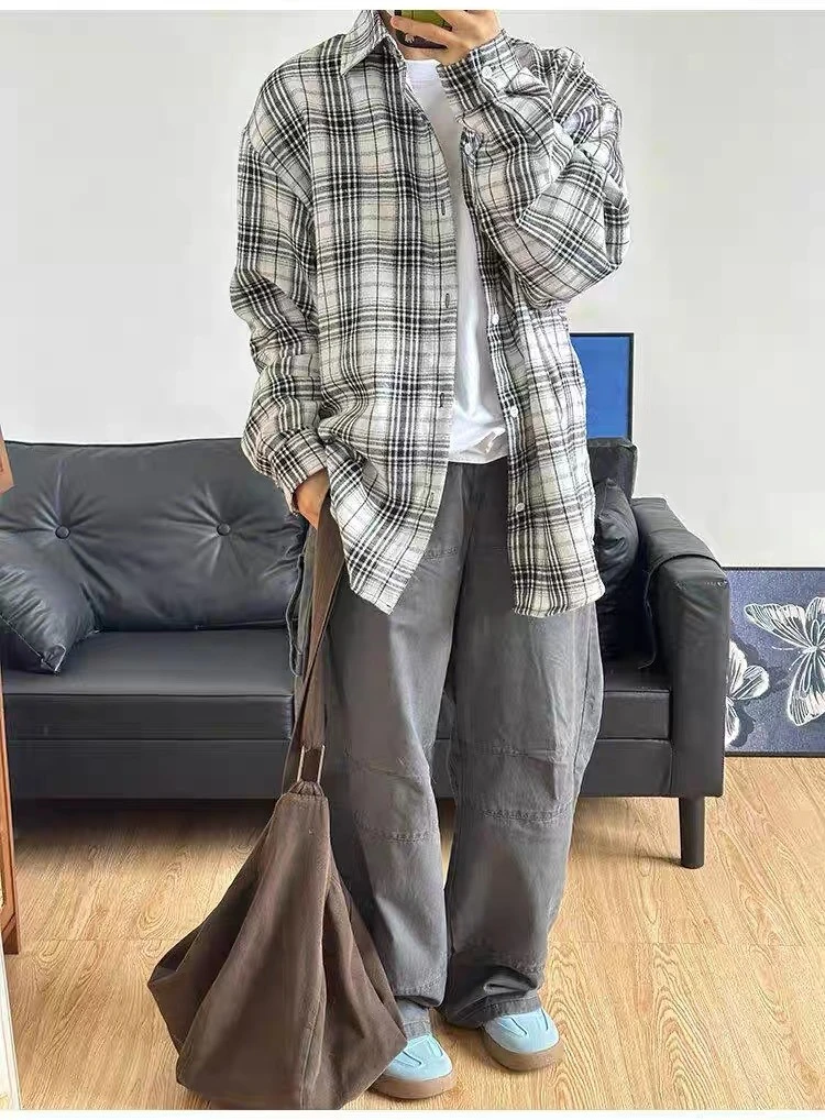 黑白格子长袖衬衫男秋季潮牌美式复古宽松高级感衬衣情侣休闲外套