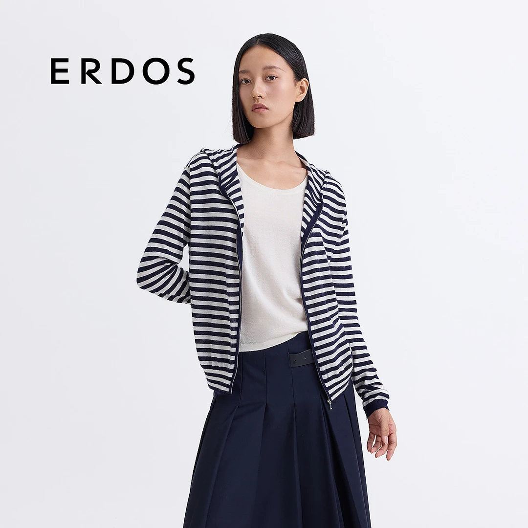 ERDOS 撞色海魂条纹连帽轻薄丝绒开衫小外套【铃兰花语】25年春新品