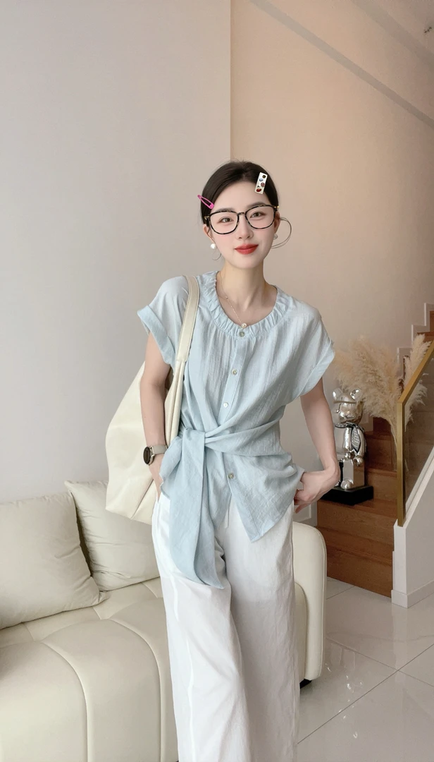 【小乔定制】气质百搭天丝麻质感短袖小衫时尚贝母扣绑带上衣1