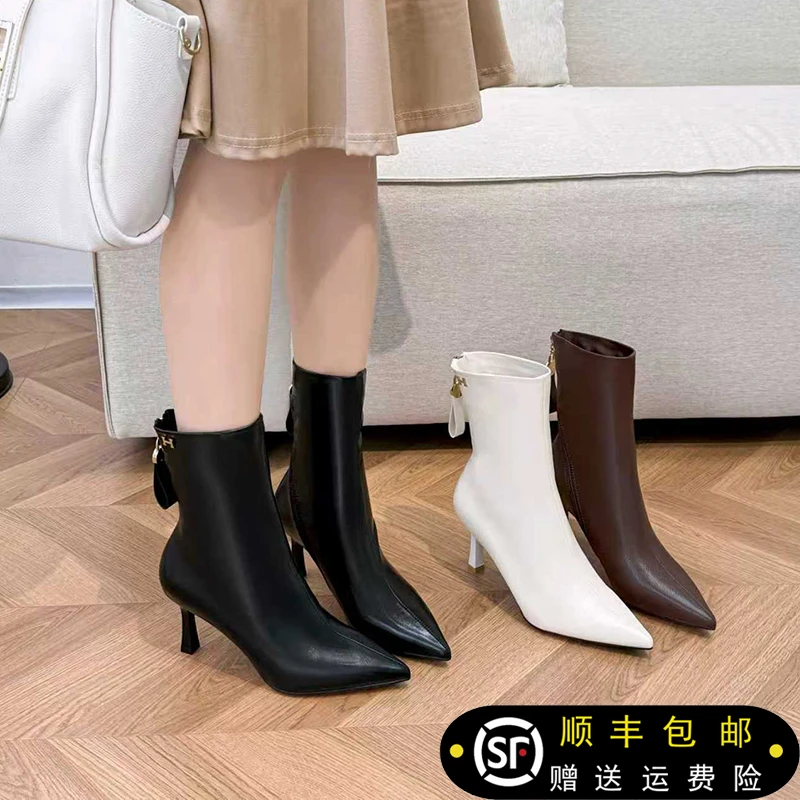 尖头细跟短靴女2025秋冬新款气质瘦瘦靴百搭中跟时装靴子6611-56