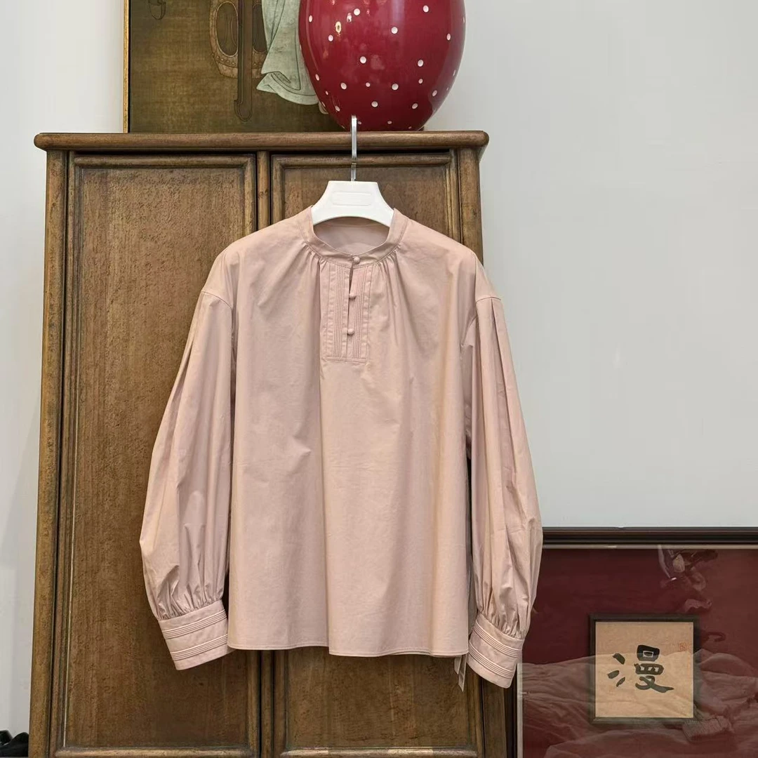 MYL2025春夏新品氨棉混纺藕粉色衬衫圆领半开扣衬衫袖百搭上衣