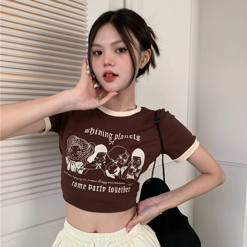 美式复古印花T恤女撞色圆领露脐辣妹修身短款短袖上衣女