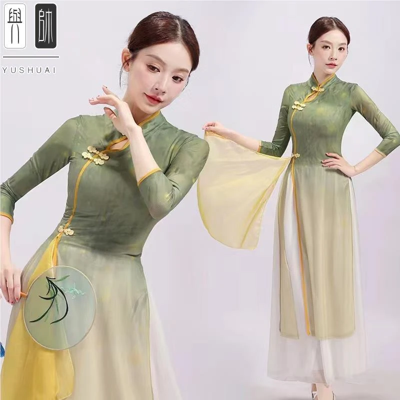 古典舞蹈服中国风舞蹈弹力旗袍身韵练功服演出服印花套装
