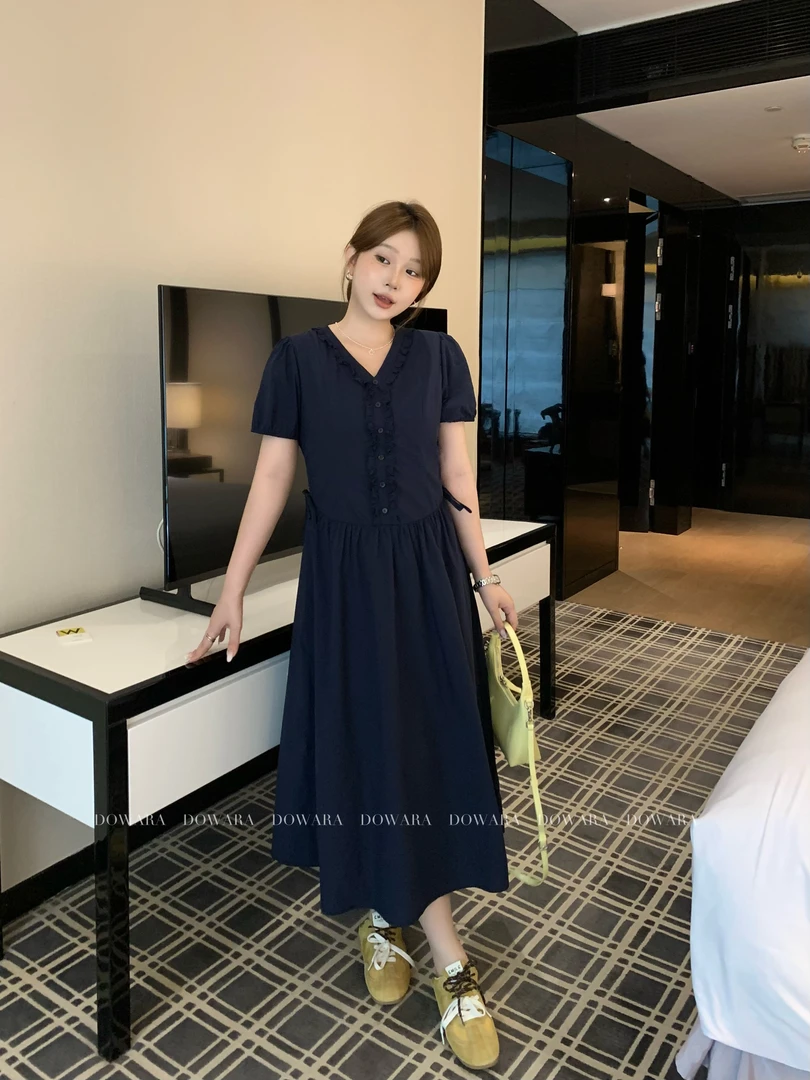 现货8663X大婉酱肉肉微胖定制【琥珀夜裙】蝴蝶结设计木耳边连衣裙