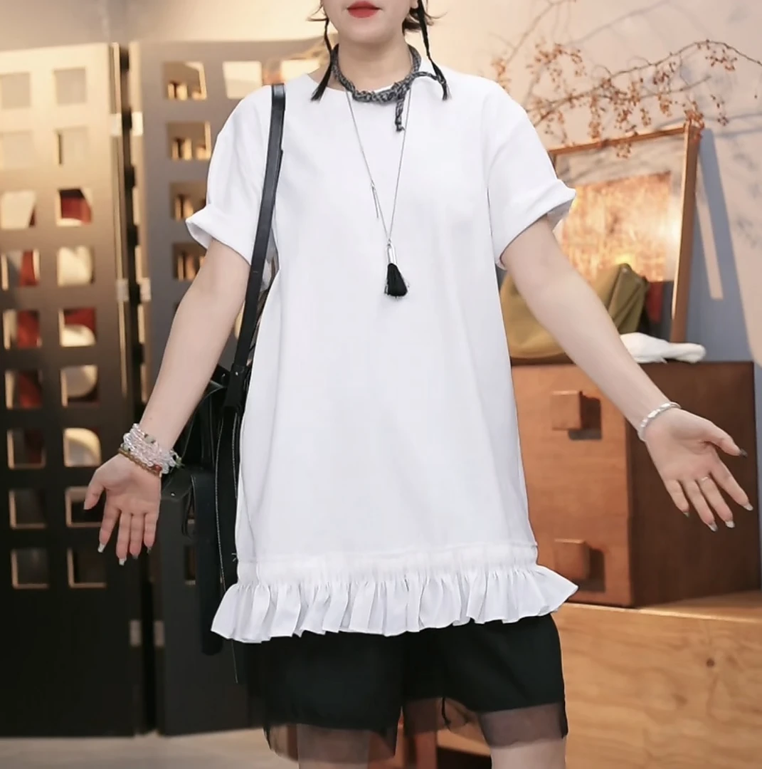 大米-2025年夏季新款宽松百搭个性拼花边纯色短袖T-1163