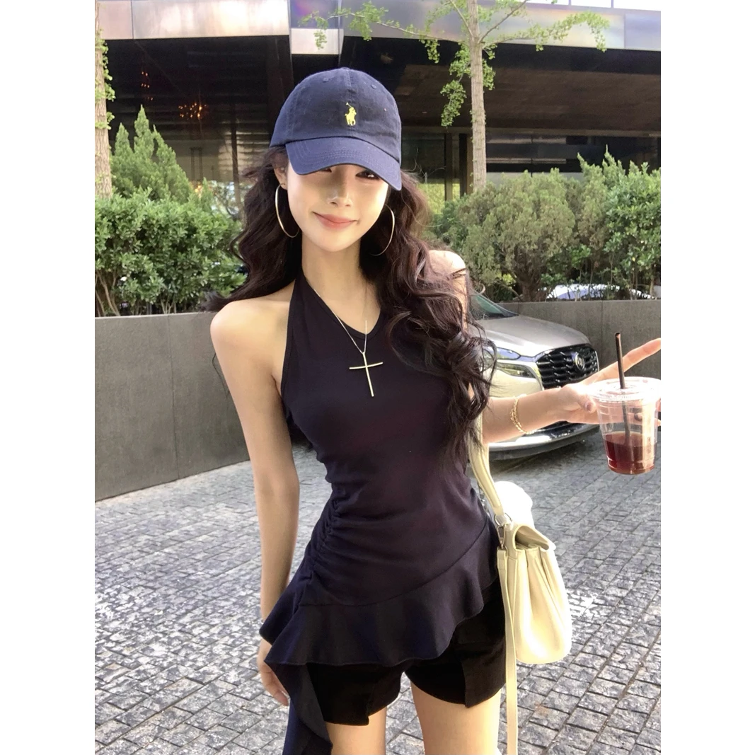 夏季新款辣妹风不规则飘带挂脖露背无袖背心性感流苏修身显瘦上衣