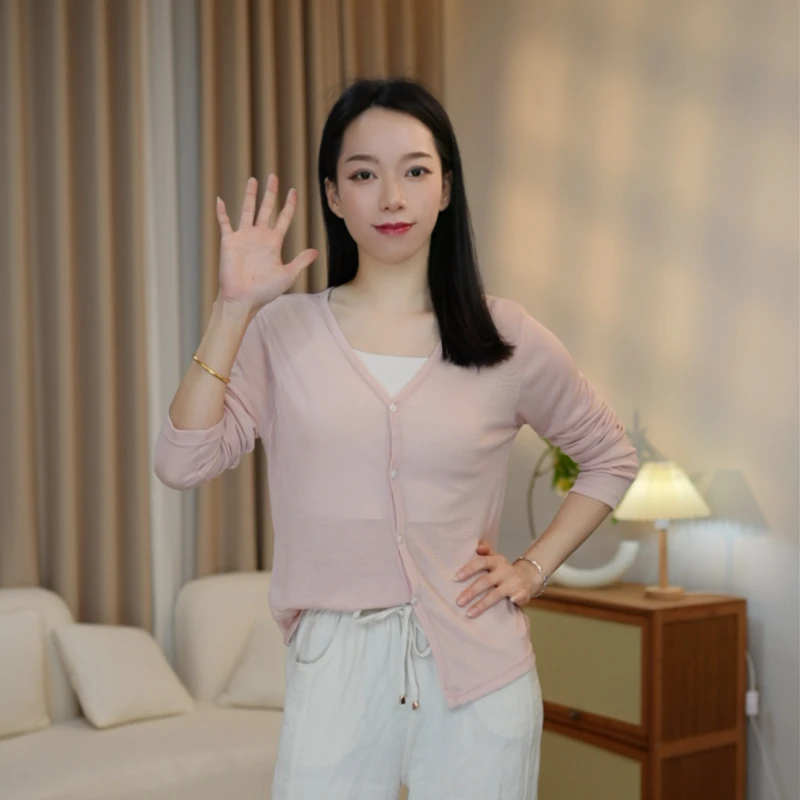 莱赛尔天丝针织开衫女夏季防晒衣长袖宽松薄款洋气百搭打底上衣