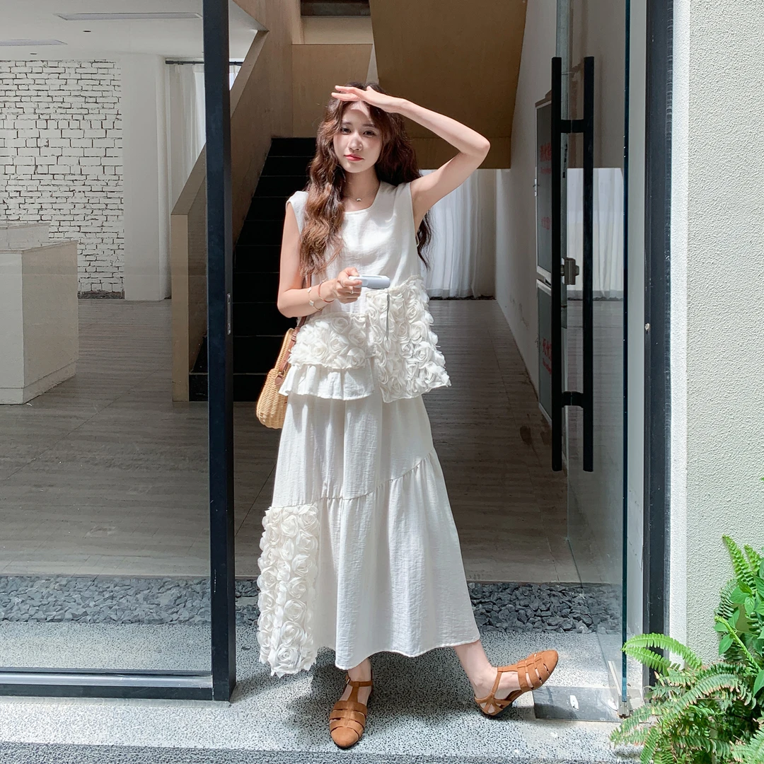 夏日纯欲慵懒风套装女2025新款法式立体花朵拼接上衣半身裙两件套