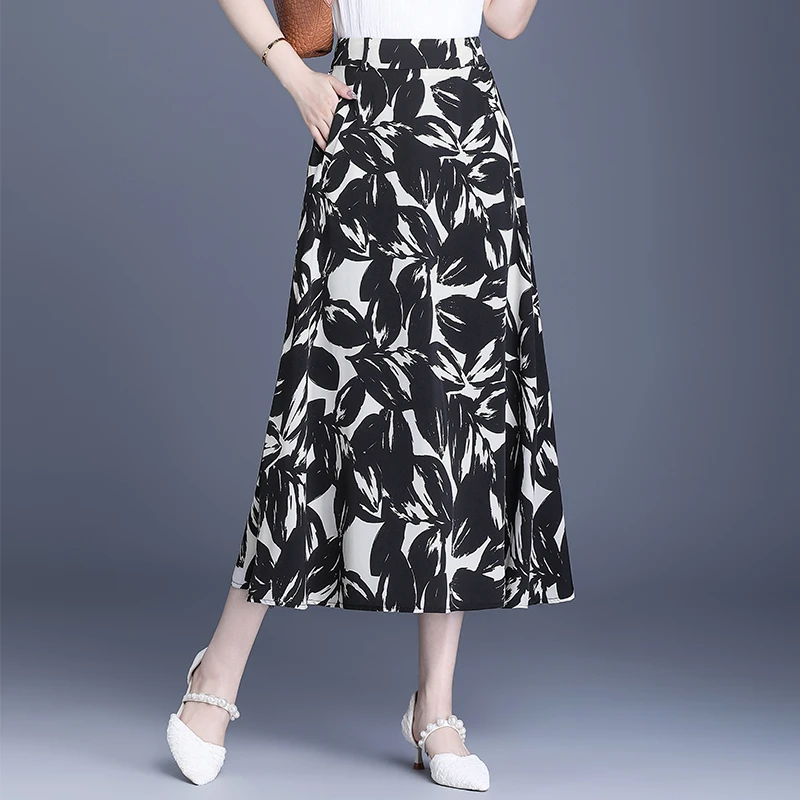 高腰气质半身裙碎花中长款A字女裙子2025夏季新款薄款中长大摆裙